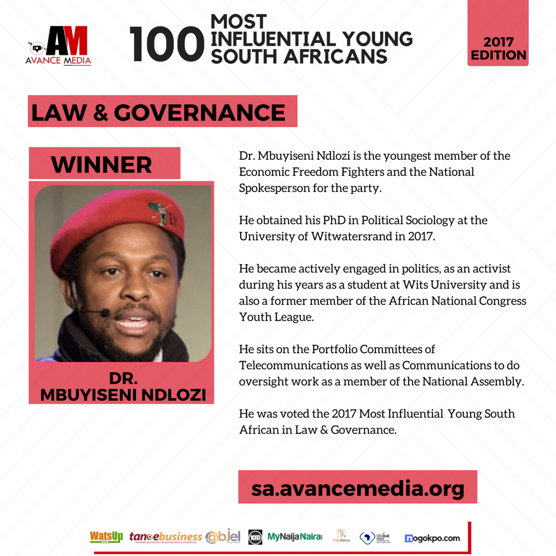 Avance Media | Dr. Mbuyiseni Ndlozi Voted 2017 Most Influential Young ...